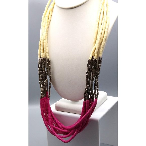 Multi Strand Colorful Heishi Necklace with Hot Pink Cream and Silver Findings - Picture 3 of 4